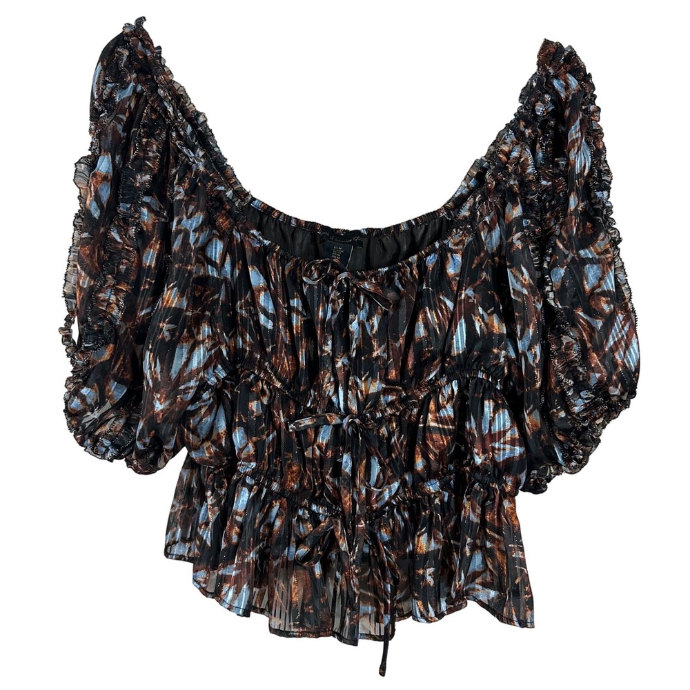 House of Harlow 1960 Womens Brown‎ Blue Metallic  Puff Sleeve Crop Blouse M